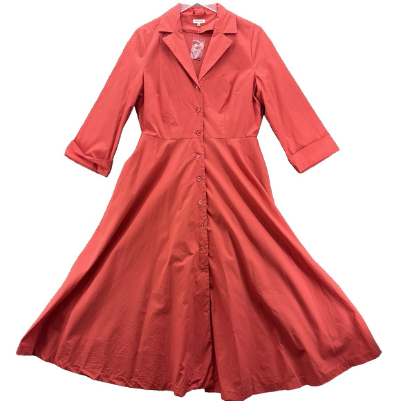 J. Peterman Long Sleeve 1947 Dress Size 12 Coral Red Cotton Flare Fit Retro - Picture 5 of 13